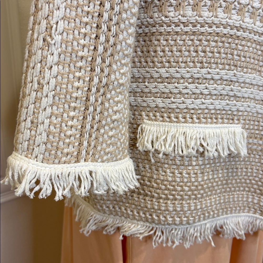 Chico’s Textured Cotton Knit Fringe Cardigan Sweater Beige & White 1/US8 - Picture 7 of 11